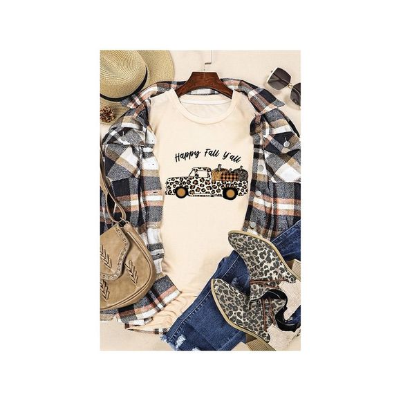 Azura Exchange  Khaki Happy Fall Leopard Truck Cute Pumpkin Graphic Tee - Picture 3 of 4